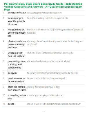 Preview of PSI Cosmetology State Board Exam Study Guide - 2026 Updated Verified Questions and Answers