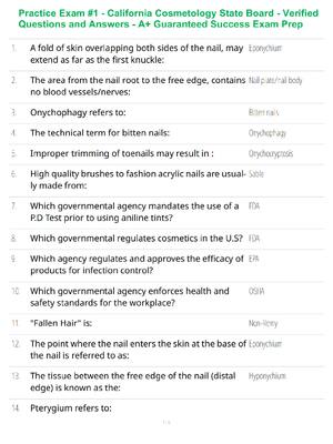 Preview of Practice Exam #1 - California Cosmetology State Board - Verified Questions and Answers - A