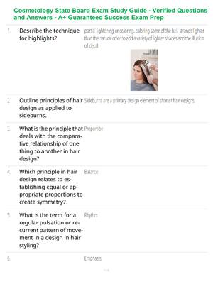 Preview of Cosmetology State Board Exam Study Guide - Verified Questions and Answers - A+ Guaranteed