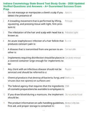 Preview of Indiana Cosmetology State Board Test Study Guide - 2026 Updated Verified Questions and Ans
