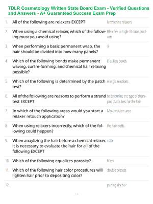 Preview of TDLR Cosmetology Written State Board Exam - Verified Questions and Answers - A+ Guaranteed