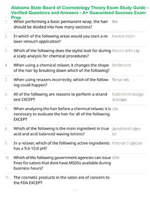 Preview of Alabama State Board of Cosmetology Theory Exam Study Guide - Verified Questions and Answer