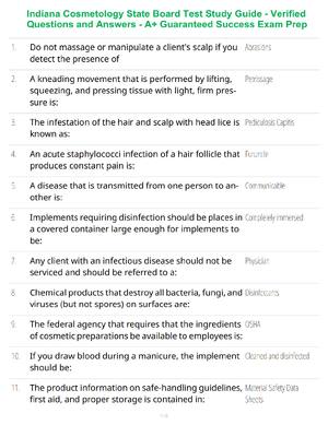 Preview of Indiana Cosmetology State Board Test Study Guide - Verified Questions and Answers - A+ Gua
