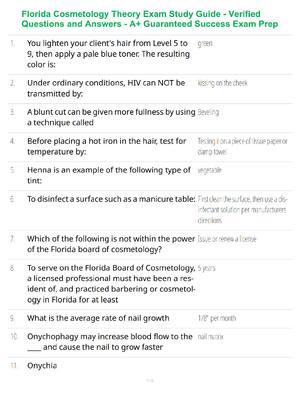 Preview of Florida Cosmetology Theory Exam Study Guide - Verified Questions and Answers - A+ Guarante