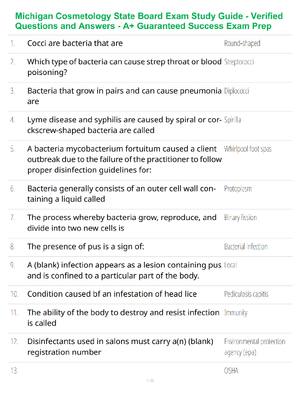 Preview of Michigan Cosmetology State Board Exam Study Guide - Verified Questions and Answers - A+ Gu