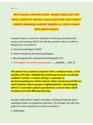 Preview image for FNP III EXAM 2 PRACTICE EXAM  NEWEST 2026/ 2027 TEST  BANK| COMPLETE 350 REAL EXAM QUESTIONS AND CORRECT  VERIFIED ANSWERS/ ALREADY GRADED A+| FNP III EXAM 2  PREP (BRAND NEW!!)
