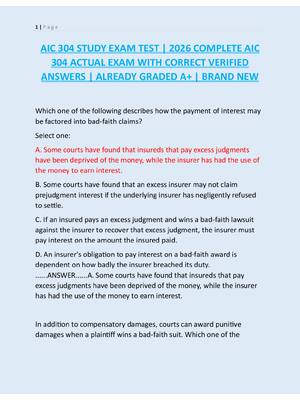 Preview image for AIC 304 STUDY EXAM TEST | 2026 COMPLETE AIC  304 ACTUAL EXAM WITH CORRECT VERIFIED  ANSWERS | ALREADY GRADED A+ | BRAND NEW