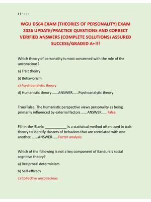 Preview image for WGU D564 EXAM (THEORIES OF PERSONALITY) EXAM  2026 UPDATE/PRACTICE QUESTIONS AND CORRECT  VERIFIED ANSWERS (COMPLETE SOLUTIONS) ASSURED  SUCCESS/GRADED A+!!!