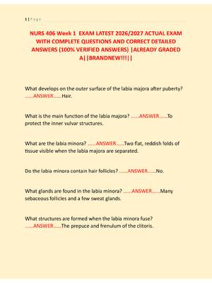 Preview image for NURS 406 Week 1  EXAM LATEST 2026/2027 ACTUAL EXAM  WITH COMPLETE QUESTIONS AND CORRECT DETAILED  ANSWERS (100% VERIFIED ANSWERS) |ALREADY GRADED  A||BRANDNEW!!!||