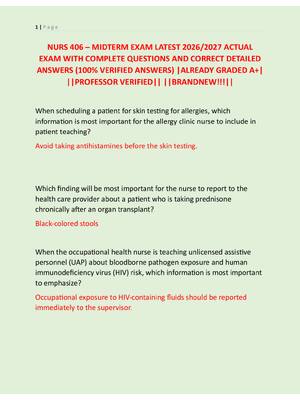Preview image for NURS 406 – MIDTERM EXAM LATEST 2026/2027 ACTUAL  EXAM WITH COMPLETE QUESTIONS AND CORRECT DETAILED  ANSWERS (100% VERIFIED ANSWERS) |ALREADY GRADED A+|  ||PROFESSOR VERIFIED|| ||BRANDNEW!!!||