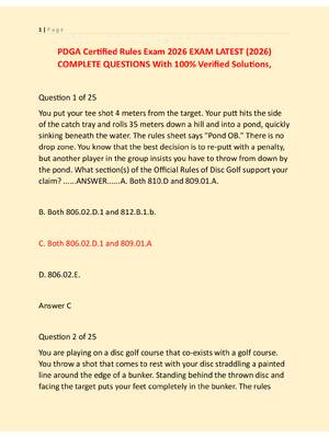 Preview image for PDGA Certified Rules Exam 2026 EXAM LATEST (2026)  COMPLETE QUESTIONS With 100% Verified Solutions,