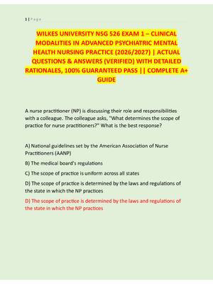 Preview image for NSG 526 EXAM 1 – CLINICAL  MODALITIES IN ADVANCED PSYCHIATRIC MENTAL  HEALTH NURSING PRACTICE (2026/2027) | ACTUAL  QUESTIONS & ANSWERS (VERIFIED) WITH DETAILED  RATIONALES, 100% GUARANTEED PASS || COMPLETE A+  GUIDE