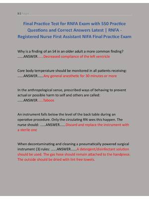 Preview of Final Practice Test for RNFA Exam with 550 Practice  Questions and Correct Answers Latest