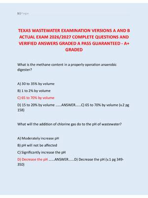 Preview image for TEXAS WASTEWATER EXAMINATION VERSIONS A AND B  ACTUAL EXAM 2026/2027 COMPLETE QUESTIONS AND  VERIFIED ANSWERS GRADED A PASS GUARANTEED - A+  GRADED