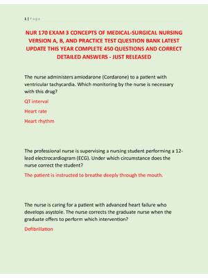 Preview image for NUR 170 EXAM 3 CONCEPTS OF MEDICAL-SURGICAL NURSING  VERSION A, B, AND PRACTICE TEST QUESTION BANK LATEST  UPDATE THIS YEAR COMPLETE 450 QUESTIONS AND CORRECT  DETAILED ANSWERS - JUST RELEASED