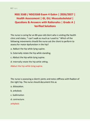 Preview of NSG 3160 / NSG3160 Exam 4 Galen | 2026/2027 |  Health Assessment | GI, GU, Musculoskeletal |  Questions &amp; Answers with Rationales | Grade A |  Verified Solutions