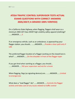 Preview of ATSSA TRAFFIC CONTROL SUPERVISOR TESTS ACTUAL  EXAMS QUESTIONS WITH CORRECT ANSWERS  2026/