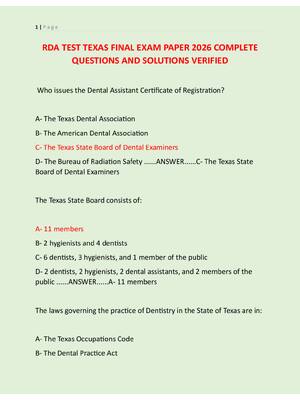 Preview of RDA TEST TEXAS FINAL EXAM PAPER 2026 COMPLETE  QUESTIONS AND SOLUTIONS VERIFIED