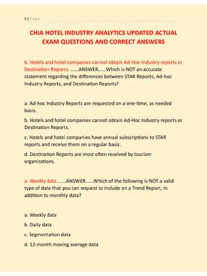 Preview of CHIA HOTEL INDUSTRY ANALYTICS UPDATED ACTUAL  EXAM QUESTIONS AND CORRECT ANSWERS
