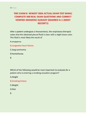 Preview of TMC EXAM B  NEWEST 2026 ACTUAL EXAM TEST BANK|  COMPLETE 400 REAL EXAM QUESTIONS AND CORRE