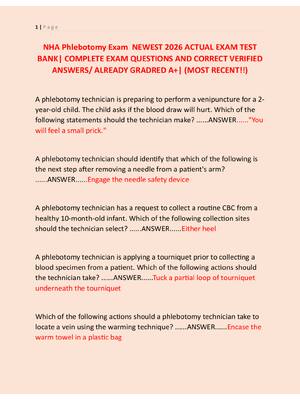 Preview of NHA Phlebotomy Exam  NEWEST 2026 ACTUAL EXAM TEST  BANK| COMPLETE EXAM QUESTIONS AND CORRE