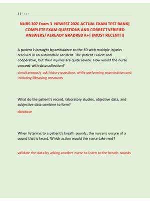 Preview of NURS 307 Exam 3  NEWEST 2026 ACTUAL EXAM TEST BANK|  COMPLETE EXAM QUESTIONS AND CORRECT V