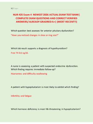 Preview of NUR 425 Exam 4  NEWEST 2026 ACTUAL EXAM TEST BANK|  COMPLETE EXAM QUESTIONS AND CORRECT VE