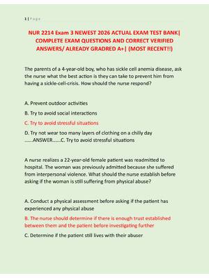Preview of NUR 2214 Exam 3 NEWEST 2026 ACTUAL EXAM TEST BANK|  COMPLETE EXAM QUESTIONS AND CORRECT VE