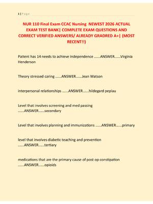 Preview of NUR 110 Final Exam CCAC Nursing  NEWEST 2026 ACTUAL  EXAM TEST BANK| COMPLETE EXAM QUESTIO
