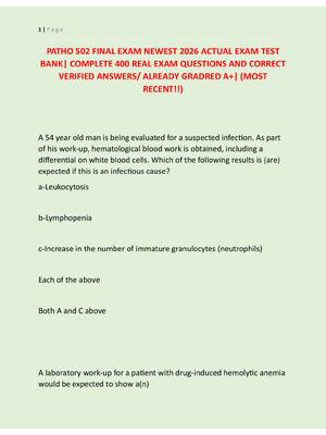 Preview of PATHO 502 FINAL EXAM NEWEST 2026 ACTUAL EXAM TEST  BANK| COMPLETE 400 REAL EXAM QUESTIONS