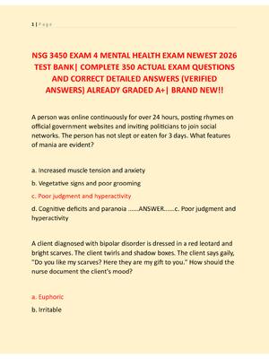 Preview of NSG 3450 EXAM 4 MENTAL HEALTH EXAM NEWEST 2026  TEST BANK| COMPLETE 350 ACTUAL EXAM QUESTI