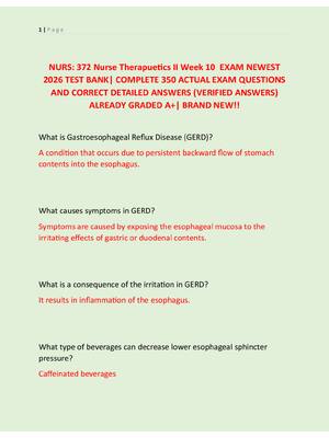 Preview of NURS: 372 Nurse Therapuetics II Week 10  EXAM NEWEST  2026 TEST BANK| COMPLETE 350 ACTUAL