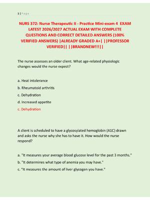 Preview of NURS 372: Nurse Therapeutic II - Practice Mini-exam 4  EXAM  LATEST 2026/2027 ACTUAL EXAM