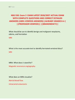 Preview of NSG 550: Exam 3  EXAM LATEST 2026/2027 ACTUAL EXAM  WITH COMPLETE QUESTIONS AND CORRECT DE