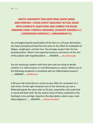 Preview of SOUTH UNIVERSITY NSG 6020 FINAL EXAM (2026)  100%VERIFIED | EXAM LATEST 2026/2027 ACTUAL E