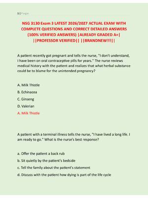 Preview of NSG 3130 Exam 3 LATEST 2026/2027 ACTUAL EXAM WITH  COMPLETE QUESTIONS AND CORRECT DETAILED