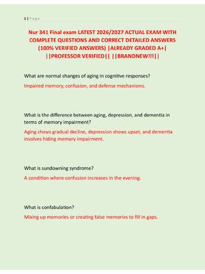Preview of Nur 341 Final exam LATEST 2026/2027 ACTUAL EXAM WITH  COMPLETE QUESTIONS AND CORRECT DETAI