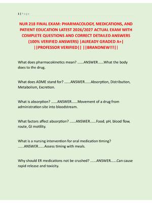 Preview of NUR 218 FINAL EXAM: PHARMACOLOGY, MEDICATIONS, AND  PATIENT EDUCATION LATEST 2026/2027 ACT