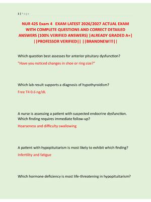 Preview of NUR 425 Exam 4   EXAM LATEST 2026/2027 ACTUAL EXAM  WITH COMPLETE QUESTIONS AND CORRECT DE