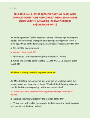 Preview of NUR 425 Exam 1 LATEST 2026/2027 ACTUAL EXAM WITH  COMPLETE QUESTIONS AND CORRECT DETAILED