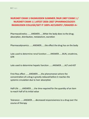 Preview of NUR2407 EXAM 1 RASMUSSEN SUMMER /NUR 2407 EXAM 1 /  NUR2407 EXAM 1 ( LATEST 2026-2027 )PHA