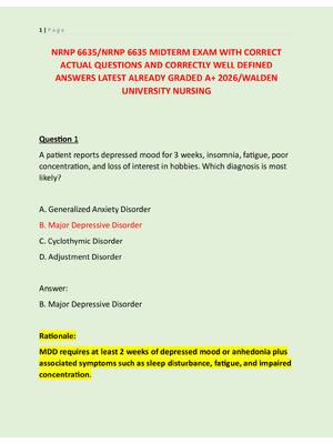 Preview of NRNP 6635/NRNP 6635 MIDTERM EXAM WITH CORRECT  ACTUAL QUESTIONS AND CORRECTLY WELL DEFINED  ANSWERS LATEST ALREADY GRADED A+ 2026/WALDEN  UNIVERSITY NURSING