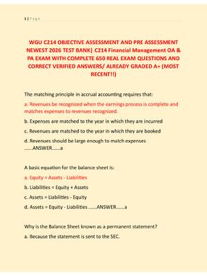 Preview of WGU C214 OBJECTIVE ASSESSMENT AND PRE ASSESSMENT  NEWEST 2026 TEST BANK| C214 Financial Ma