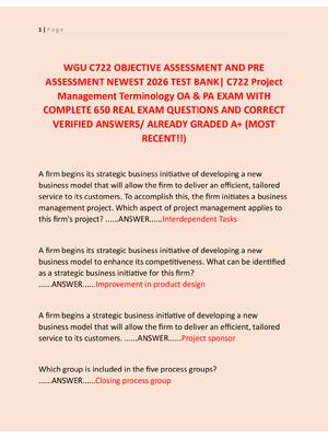 Preview of WGU C722 OBJECTIVE ASSESSMENT AND PRE  ASSESSMENT NEWEST 2026 TEST BANK| C722 Project  Man