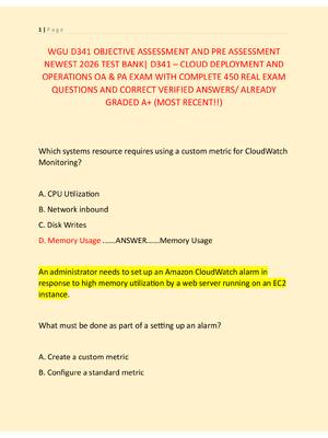 Preview of WGU D341 OBJECTIVE ASSESSMENT AND PRE ASSESSMENT  NEWEST 2026 TEST BANK| D341 – CLOUD DEPL