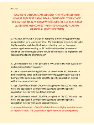 Preview of WGU D341 OBJECTIVE ASSESSMENT AND PRE ASSESSMENT  NEWEST 2026 TEST BANK| D341 – CLOUD DEPL