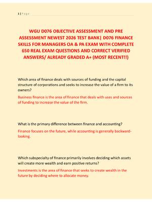 Preview of WGU D076 OBJECTIVE ASSESSMENT AND PRE  ASSESSMENT NEWEST 2026 TEST BANK| D076 FINANCE  SKI