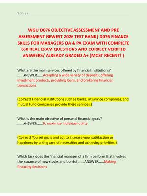 Preview of WGU D076 OBJECTIVE ASSESSMENT AND PRE  ASSESSMENT NEWEST 2026 TEST BANK| D076 FINANCE  SKI