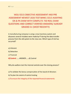 Preview of WGU D215 OBJECTIVE ASSESSMENT AND PRE  ASSESSMENT NEWEST 2026 TEST BANK| D215 AUDITING  OA