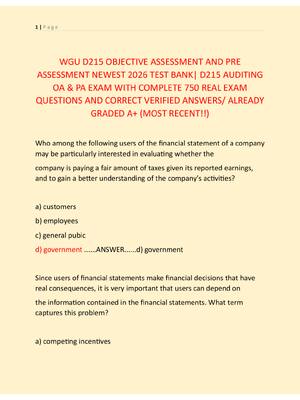 Preview of WGU D215 OBJECTIVE ASSESSMENT AND PRE  ASSESSMENT NEWEST 2026 TEST BANK| D215 AUDITING  OA